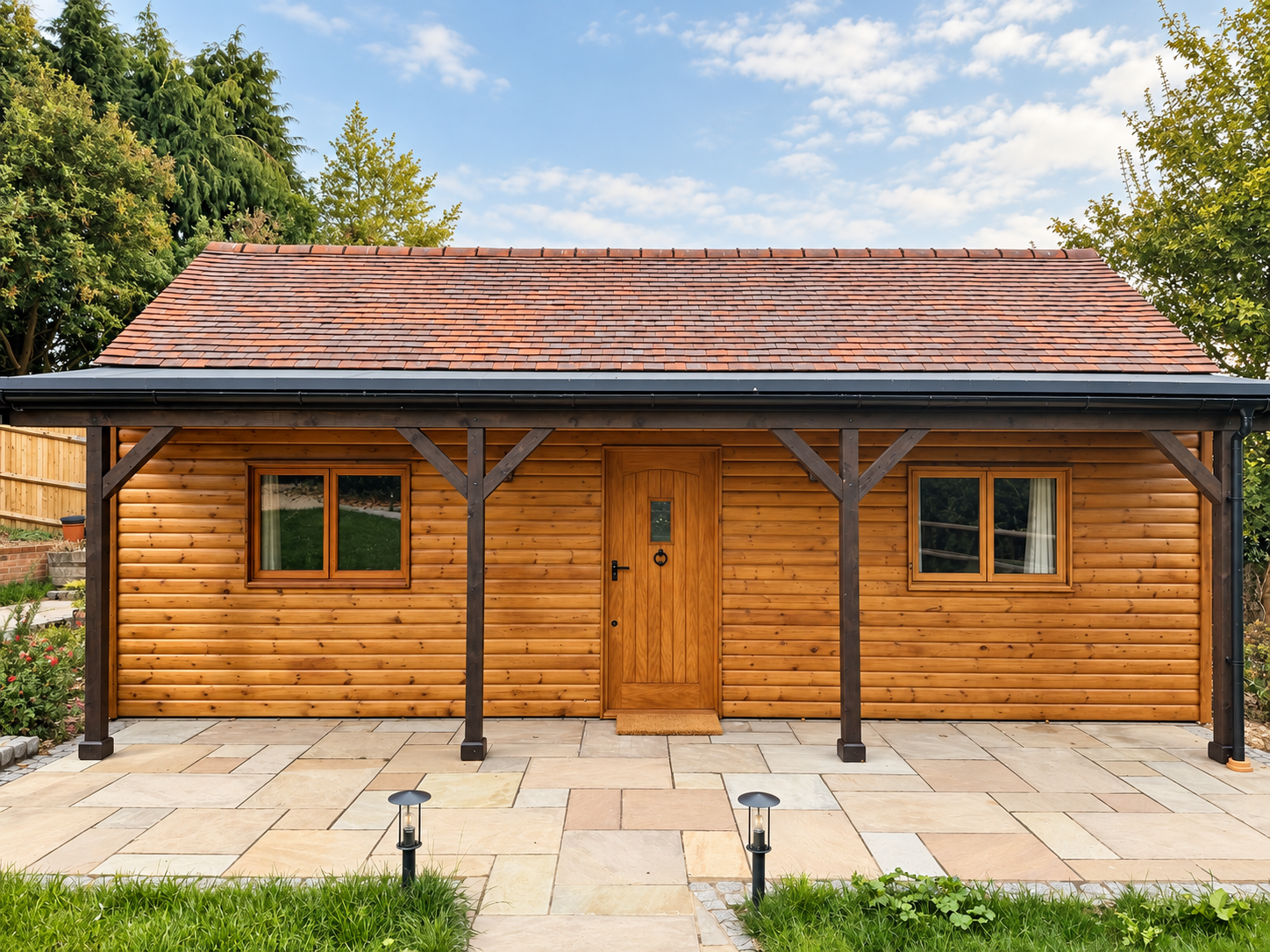 The timber exterior and covered patio of The Hay Shed