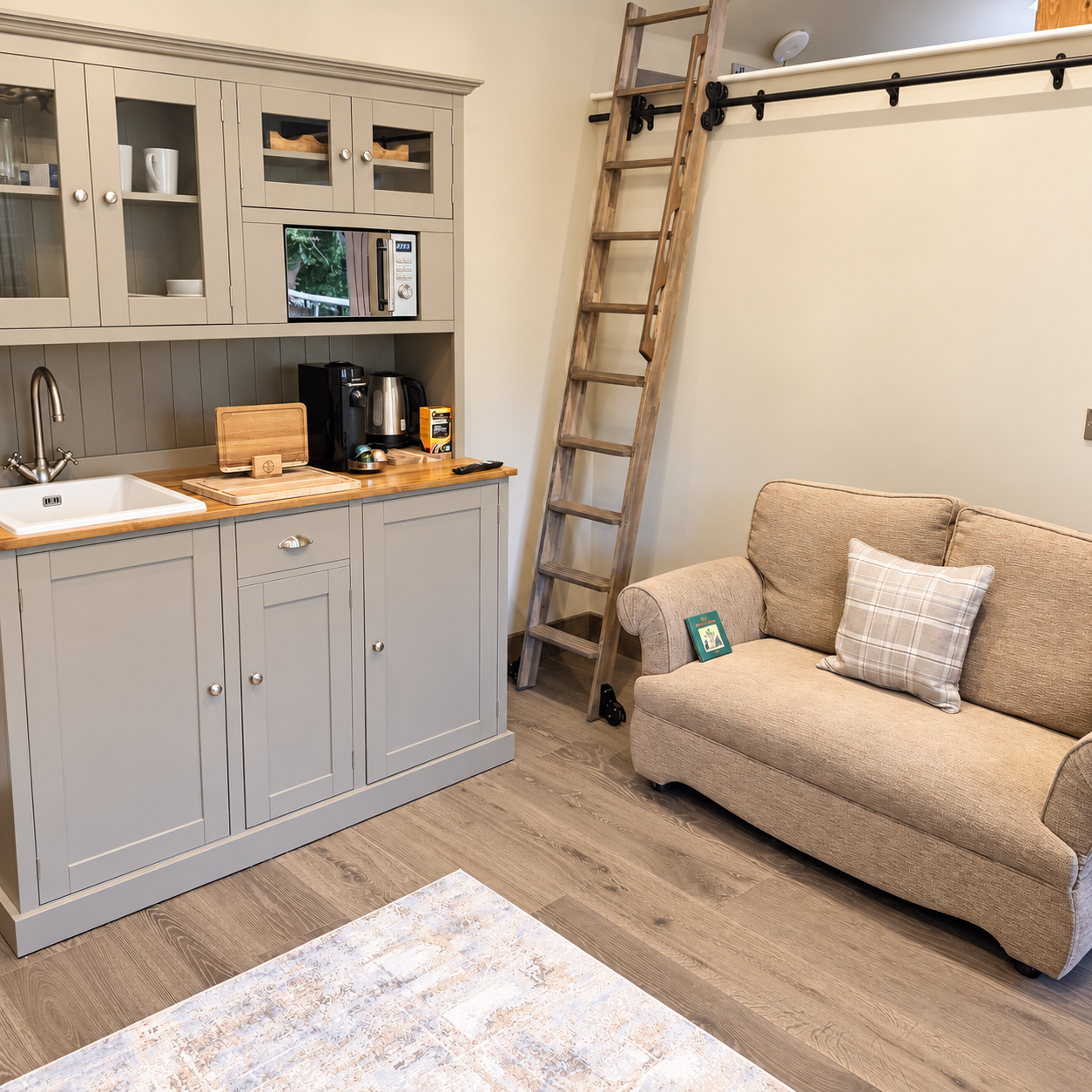 Compact kitchenette and sitting area